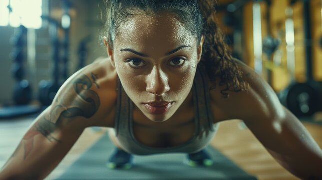 Fitness woman doing push-ups with dumbbells in a gym, suitable for fitness or exercise themed projects