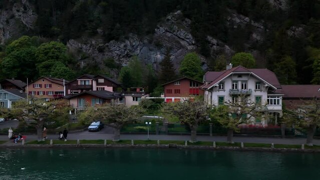 Aar river Interlaken Switzerland alps drone aereal sideways cloudy day