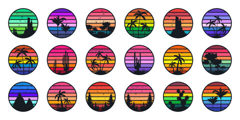 Grunge vintage sunset collection. Colorful striped sunrise badges in 80s and 90s style. Sun and ocean view, summer vibes, surfing. Design element for print, logo or t-shirt. Vector illustration