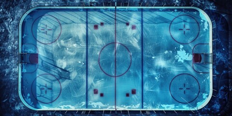 A frozen surface with markings for hockey, suitable for sports or winter themed contexts