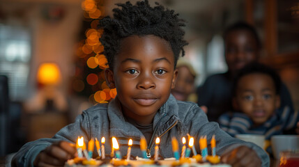 A large black family gathered at a large table at home, celebrating a birthday with a large cake with candles