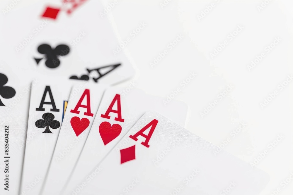 Poster a detailed view of playing cards on a table with suits and numbers visible