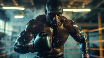 Motivational Boxing Poster Featuring Determined Boxer Training in Rain - Inspirational Quote About Perseverance and Dedication