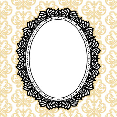 Vintage black lace doily oval picture frame with damask background. Copy space for text or pictures for albums, scrapbooks, holidays. Elements organized in color groups to easily recolor.