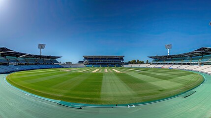 panoramic view of an empty cricket stadium with the pitch in pristine condition under clear skies