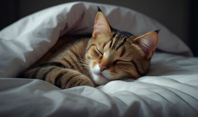 The cat collapsed on the bed, on the clean bedding