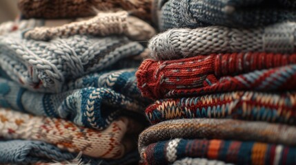 A pile of sweaters stacked high, perfect for a cozy day or a fashion display