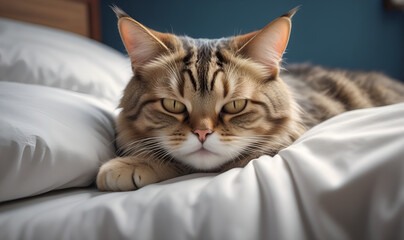 The cat collapsed on the bed, on the clean bedding