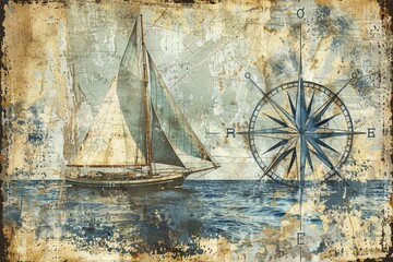 Fototapeta premium A sailing vessel on calm waters with a navigational instrument in the foreground