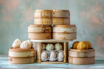 Stacked wooden containers filled with various types of food