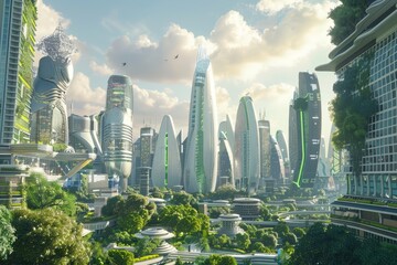 Obraz premium Futuristic Cityscape with Advanced Technology, Automated Systems, and Sustainable Infrastructure