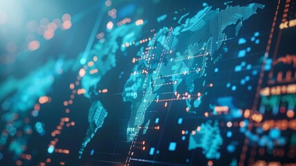 A detailed close-up of a computer screen showing a world map with various countries and continents highlighted.