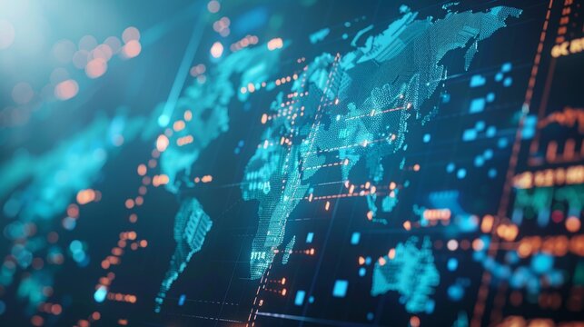 A detailed close-up of a computer screen showing a world map with various countries and continents highlighted.