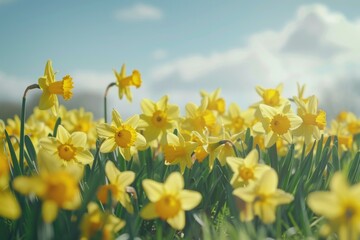 Fototapeta premium Bright yellow flowers blooming in a field, with a clear blue sky overhead