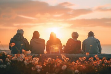Group of diverse people, young and old, sitting together watching a sunset over a coastal landscape, symbolizing unity and intergenerational connection