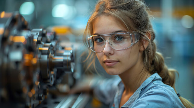 A female specialist works on a lathe wearing safety glasses in a large production facility.