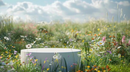A circular concrete structure stands amidst blooming wildflowers under a bright blue sky with fluffy clouds.