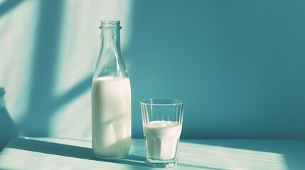 Milk bottle and glass set against a blue backdrop