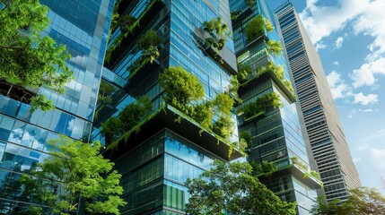 Eco-friendly building in a modern city. Sustainable glass office structure featuring a tree to reduce carbon dioxide. Office building with a green environment.