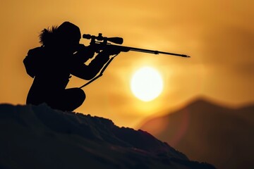 A silhouette of a person holding a rifle on a mountain, perfect for outdoor or hunting themed images