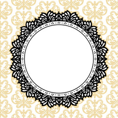 Vintage black lace doily round picture frame with damask background. Copy space for text or pictures for albums, scrapbooks, holidays. Elements organized in color groups to easily recolor.