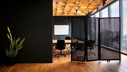 Blank black partition with place for advertising poster or logo in modern interior design spacious office hall with conference table, wooden floor and dark wall background Mock up