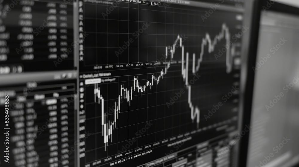 Poster multiple computer monitors arranged on a wall showing real-time stock market data and financial info