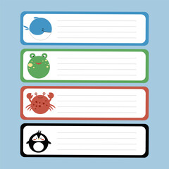 Vector set of paper stiker with funny animals whale, frog, crab, penguin. Template for notebooks, schedule planners, checklists, notepad sheet in flat desing