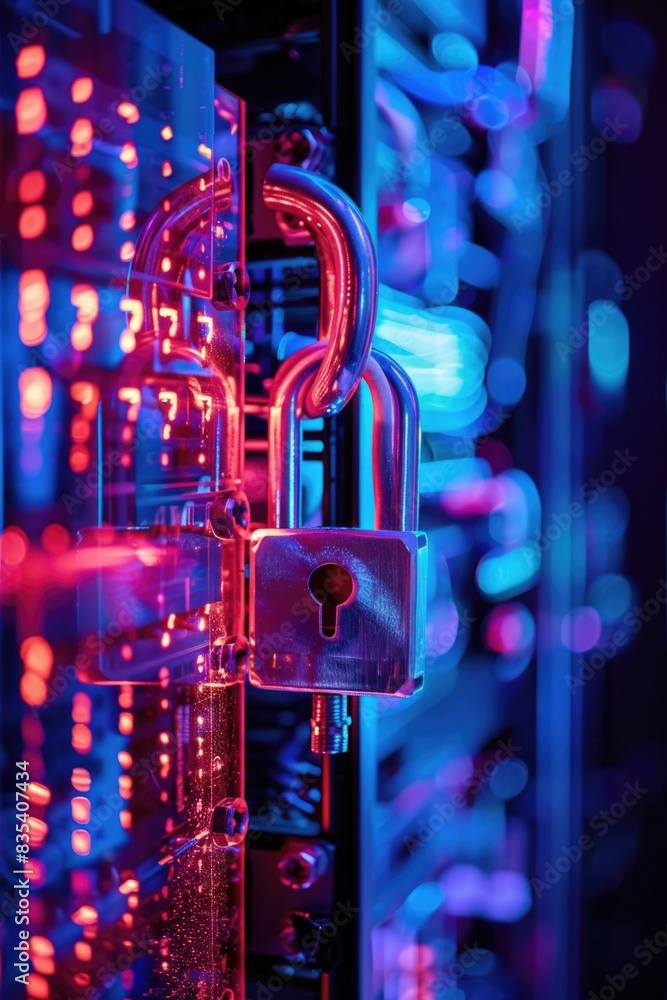 Poster a detailed view of a lock on a server, suitable for use in technology and business settings