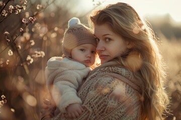 Obraz premium Mother holding her baby in a golden sunset, their faces close together, surrounded by blooming flowers, evoking warmth and natural beauty