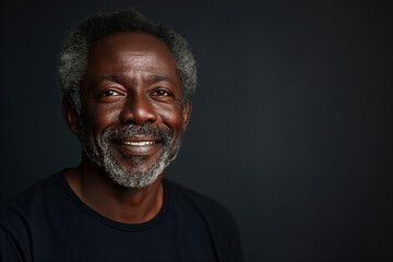 Portrait of a smiling senior Afro-American man against blank black background with copyspace for ads