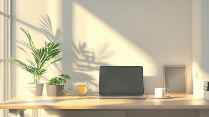 Bright Home Office with Laptop and Potted Plants