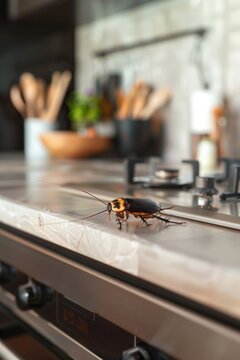 A close-up photo of a cockroach sitting on a kitchen counter