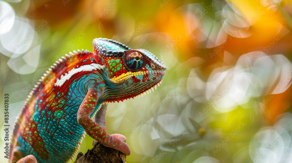 Aufkleber Vibrant chameleon perched on a branch with a bokeh background
