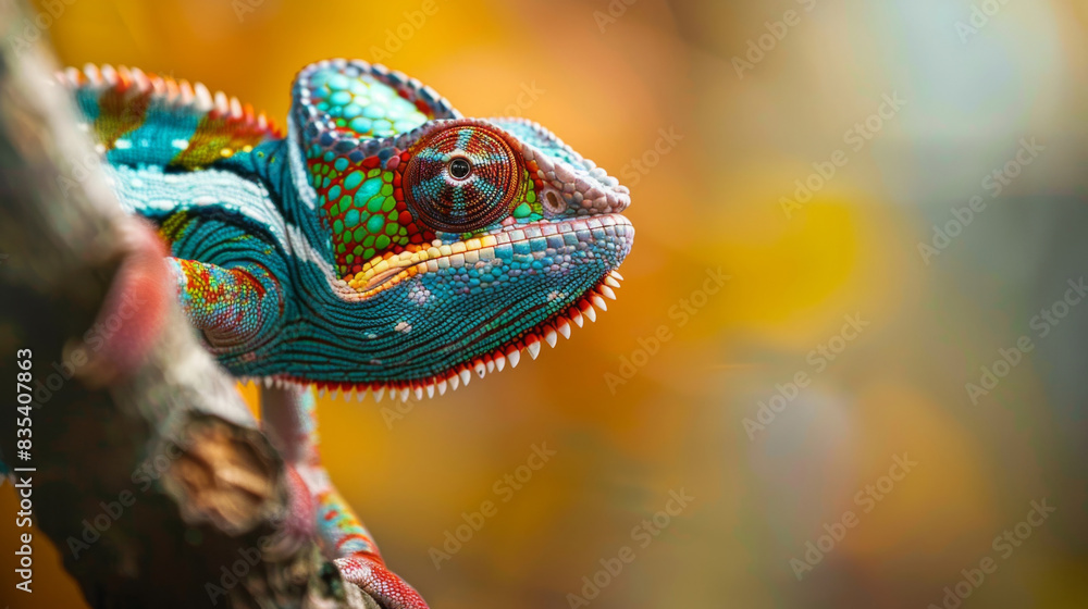 Poster Vibrant chameleon displays its intricate patterns and colors while perched on a tree branch