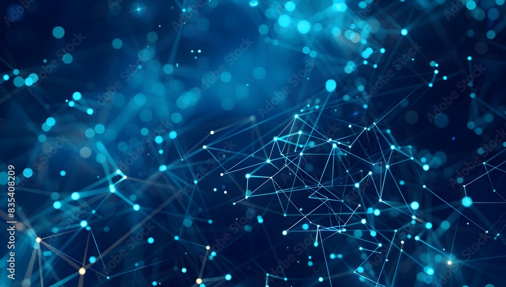 Poster abstract technology background with blue glowing connection lines and dots on a dark gradient, depic