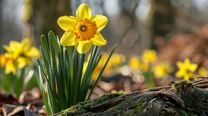 Fototapeta premium A cluster of golden daffodils amidst a woodland, blanketed by verdant moss, with a nearby tree trunk dominating the foreground