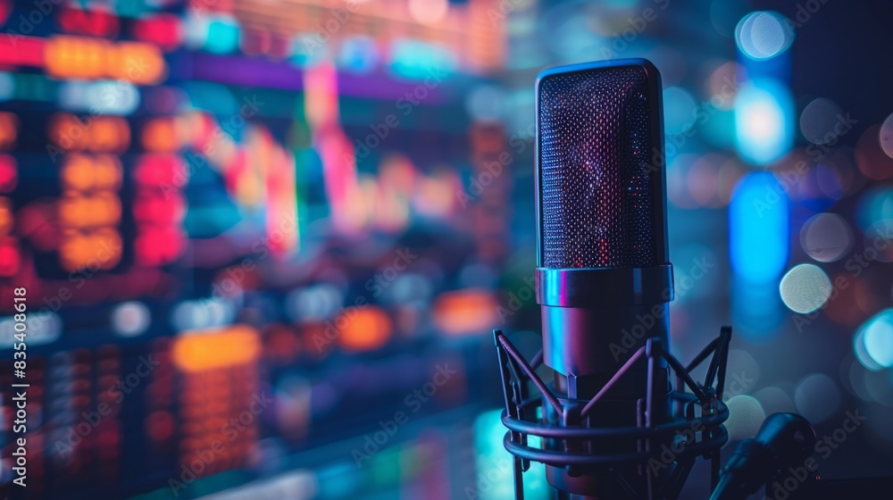 Poster a microphone stands in the foreground with colorful lights blurred in the background, creating a vib