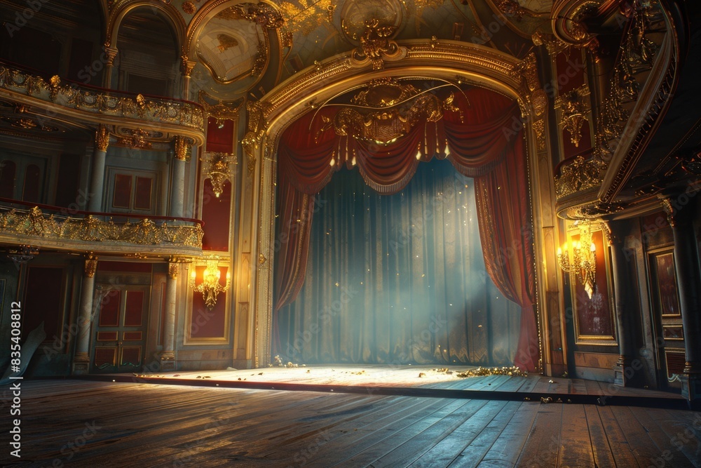 Poster a scene from behind the stage curtain with a chandelier hanging down, ideal for use in theater or pe