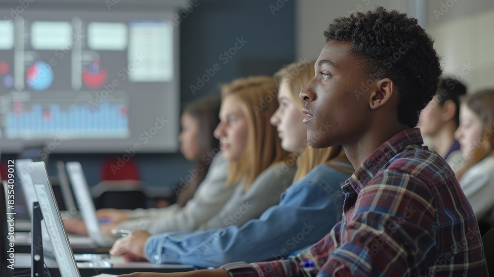 Poster several individuals sitting side by side, focused on their computer screens in a shared workspace.
