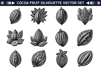 Cocoa fruit silhouette vector illustration set