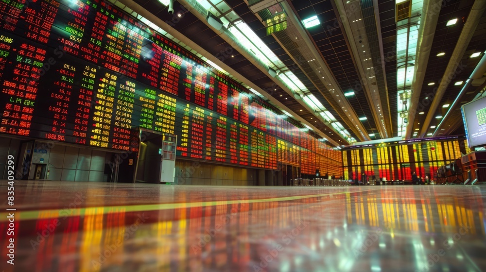 Poster a large urban building covered in electronic screens displaying various information and advertisemen