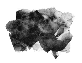 Grunge Ink Watercolor flow painting blot. Abstract texture Black stain on white background.