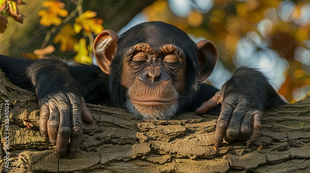 Poster close-up of a chimp on a tree trunk with arms extended