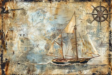 A sailboat charted on an old-fashioned map