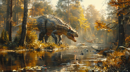 Baryonyx fishing in a shallow river with fish jumping out of the water and other dinosaurs nearby