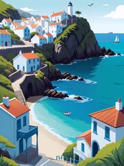 A quaint, picturesque beautiful seaside town with geographical features like rocky cliffs, sandy beaches reminiscent of those found in Cornwall, U.K. 