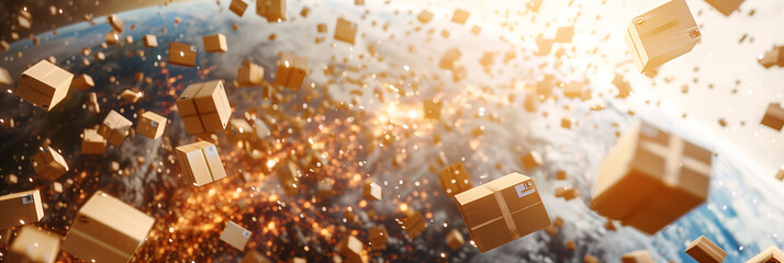 Cardboard Boxes Orbiting Earth in a Futuristic Space Scene