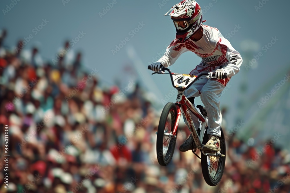 Poster olympic bmx cyclist making precise landing during exciting competition – perfect skill and precision