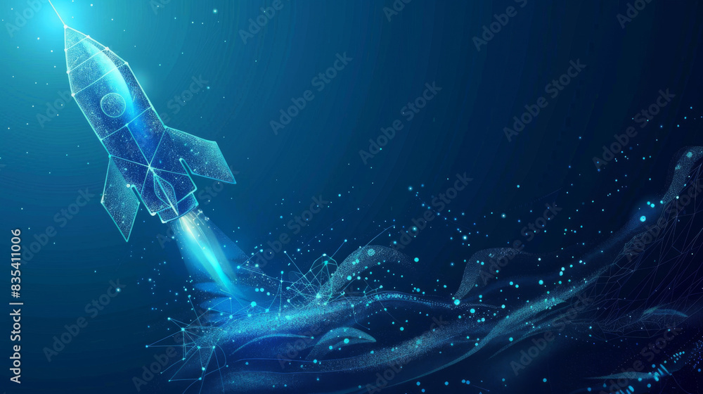 Poster a graphic of a rocket launching into a starry digital space
